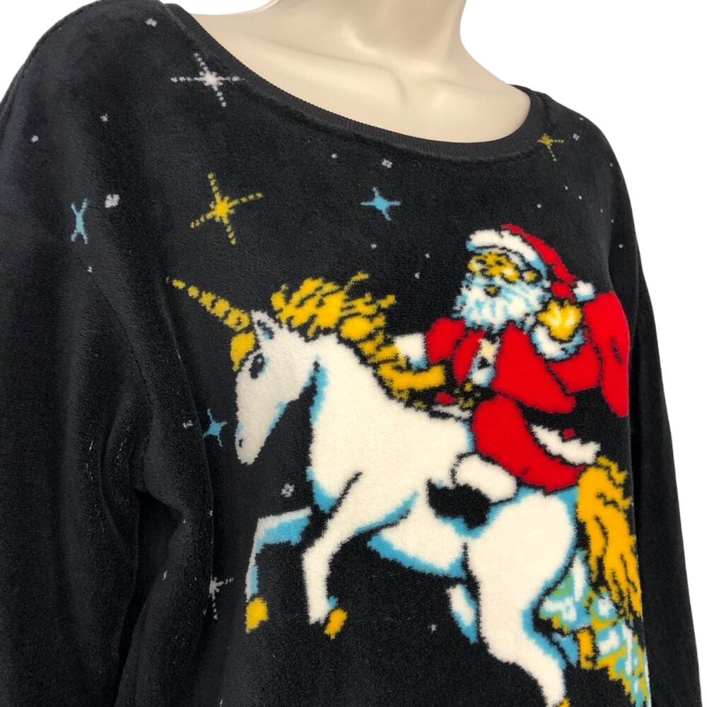 NWOT Fifth Sun Santa on a Unicorn in the Universe Black Fleece Top Long Sleeve - Picture 4 of 16